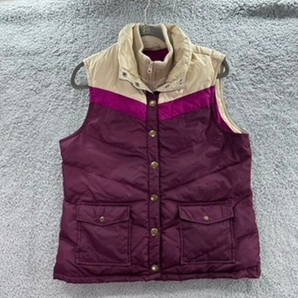 Old Navy Other - Old Navy Youth Large Down Vest Retro Style Burgundy Tan Zip +‎ Snaps